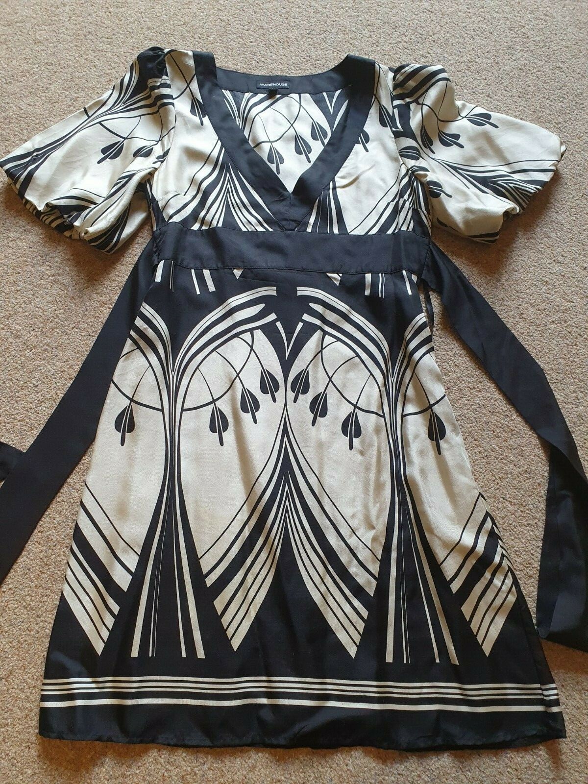 Warehouse Silk Black & Ivory Pattern Dress, Balloon S… Gem