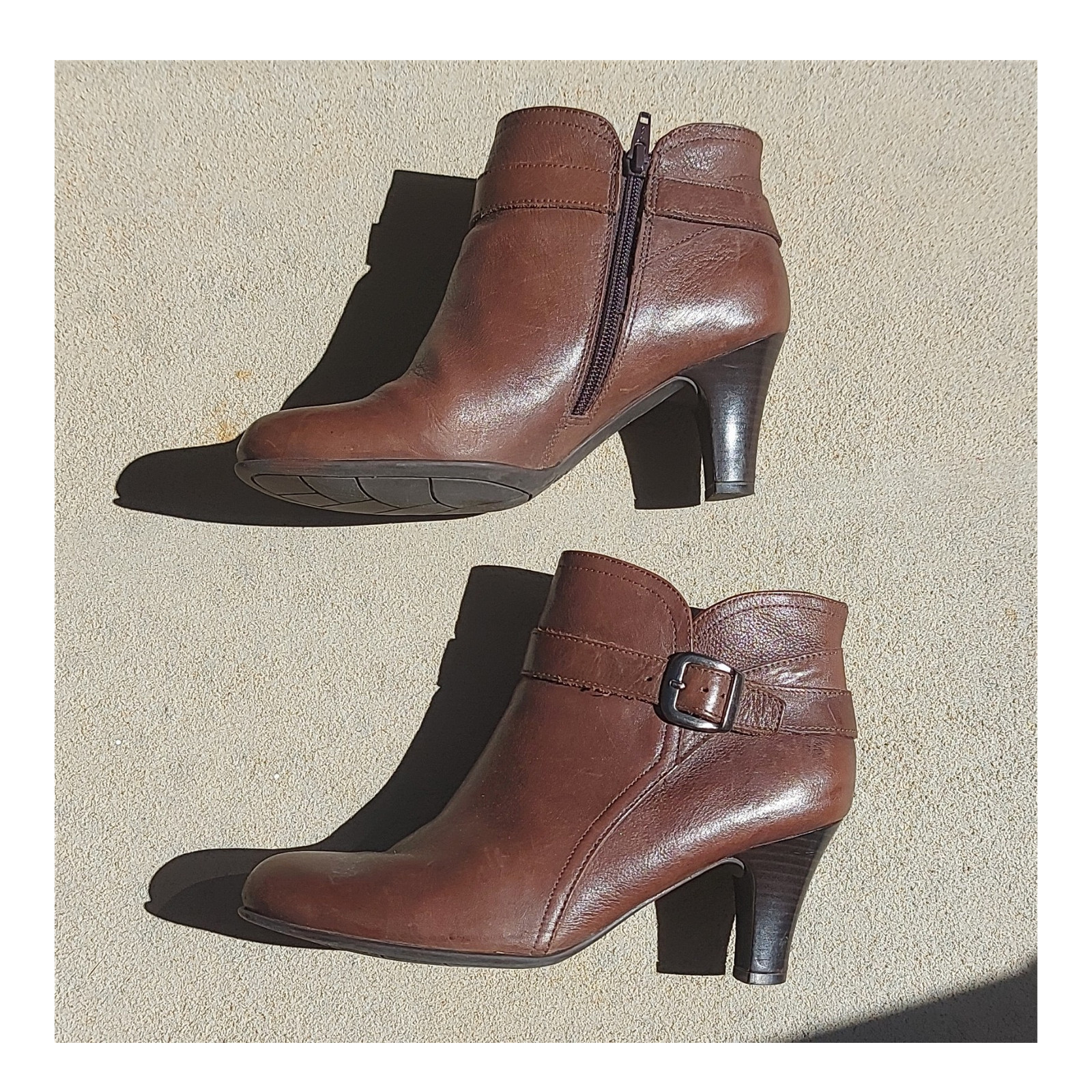 Nurture Talin Brown Leather Ankle Boots Side Zip Buckle Almond Toe 7.5 M