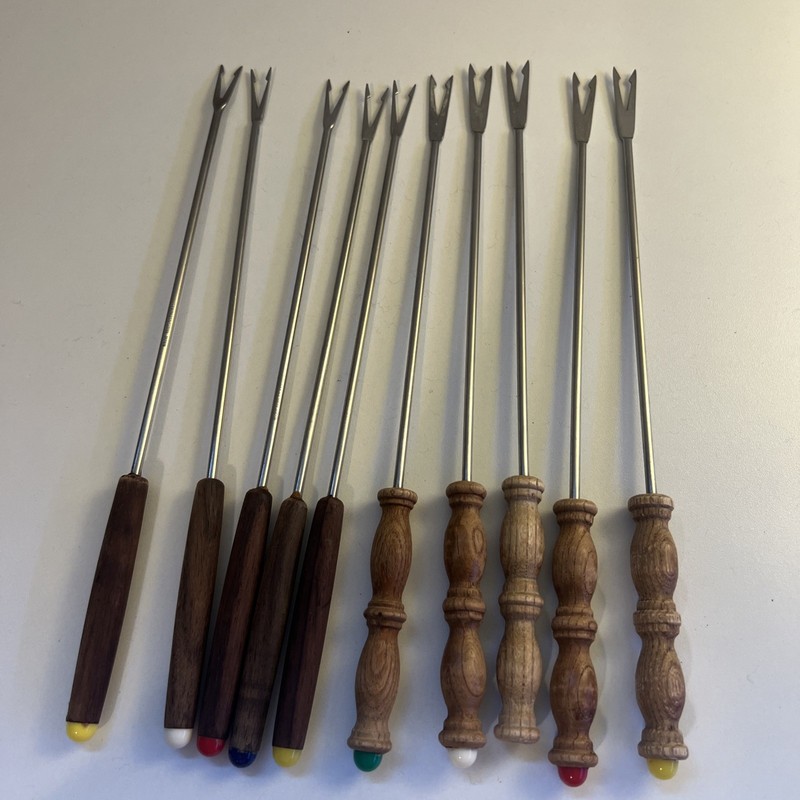 VTG MCM Stainless Steel Fondue Forks Wood Handles Colored Tips Japan Lot Of 10