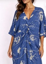 Women’s Blue Printed Shift Dress Short Sleeve V Neck Casual Loose Fit