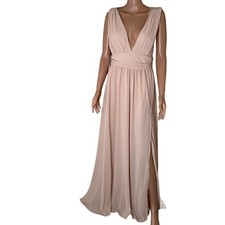 LuLus Heavenly Hues Cream Maxi Dress bridesmaid side slit V-neck SZ LG NEW
