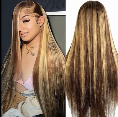 Lace Frontal 100%Human Hair Straight Wig Brown/Blond Highlights 30 in