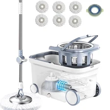 Spin Mop Bucket Deluxe 360 Spinning Floor Cleaning System with 6 Microfiber R...