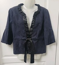 Ann Taylor Loft 3/4 Sleeve Jacquard Ribbon Tie Waist Jacket Blazer Navy Sz 12