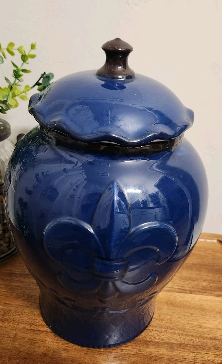 Tuscany Hand Painted Fleur De Lis Blue Cookie Jar, Canister 82022 by ACK