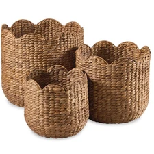 3pc Water Hyacinth Scalloped Multipurpose Nesting Baskets, Storage Bin Organi...