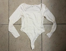 H M Women s Bodysuit Small Long Sleeved Square Neck Thong Cream Off-White Ivory