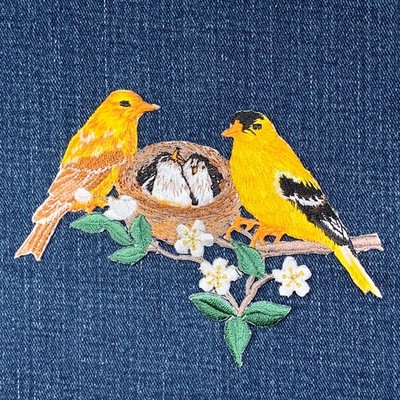 Finch Nest & Chicks Applique Patch - Embroidered Goldfinch Baby Bird Badge 4.75''