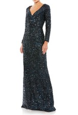 Ieena for Mac Duggal 26445 Long Sleeve Sequined Gown Sz 2 Midnight