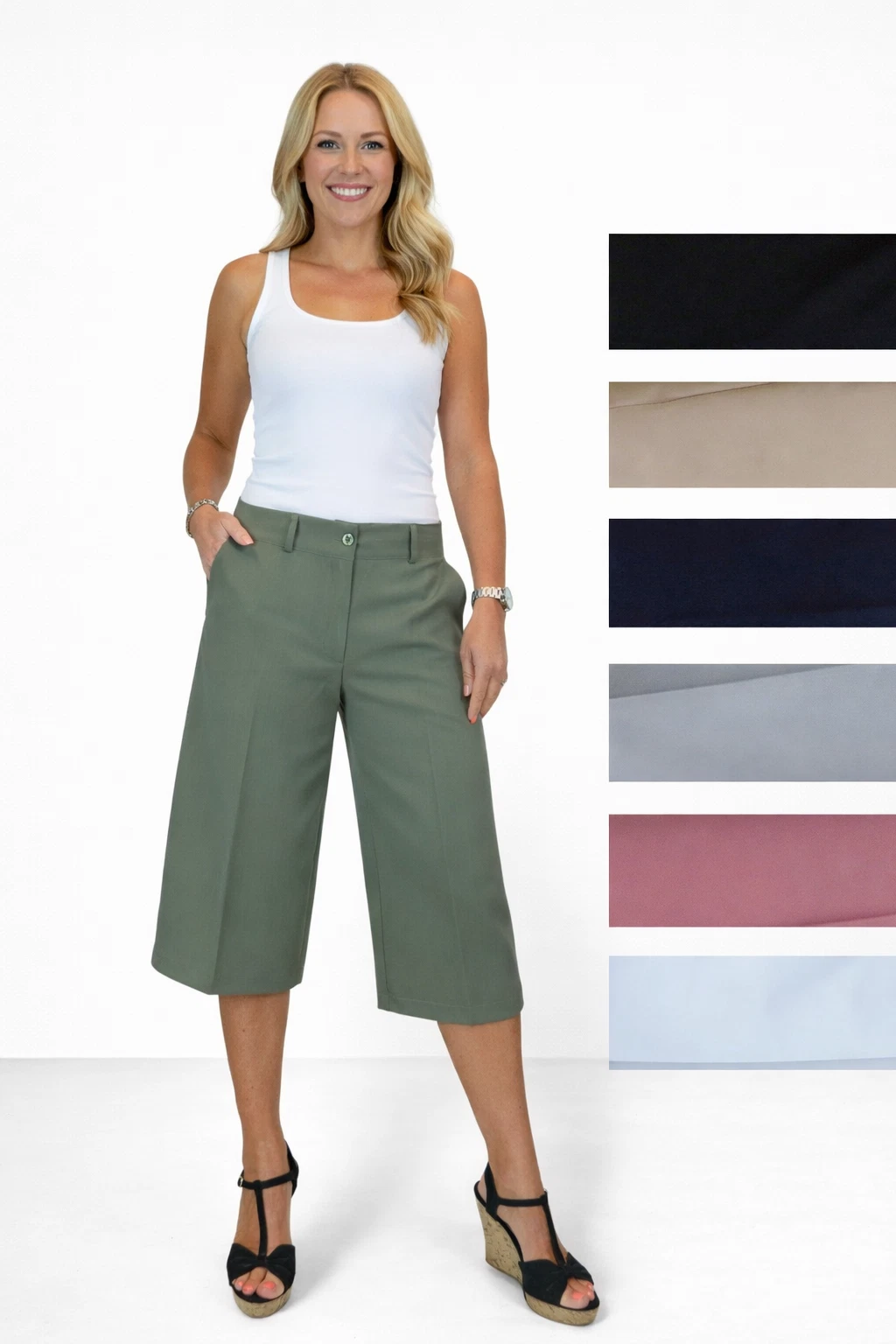 Womens Smart Soft Stretch Culottes 3/4 Length Trousers 8-22
