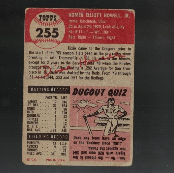 Dixie Howell 1953 Topps #255      Read Description - Image 2 of 2