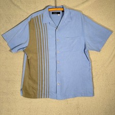 Nat Nast Button Up Shirt Mens Size L Silk Bowling Cuban Blue Black Pintuck