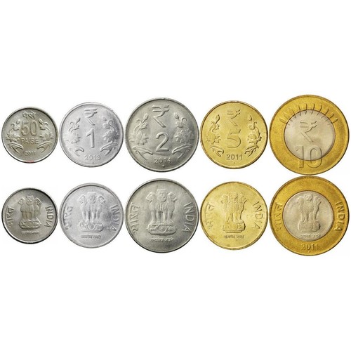 India | 5 Coin Set | 50 Paise 1 Rupee 2 5 10 Rupees | 2011 - 2019 - Picture 2 of 3