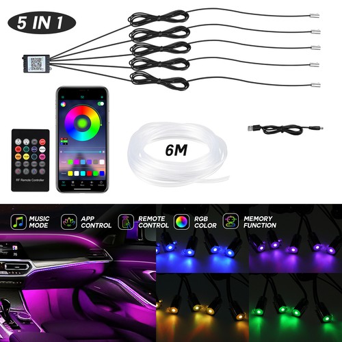 6m LED RGB Interior Coche Tablero Atmósfera Lámpara Fibra Óptica Tira de Luz APP - Imagen 1 de 11