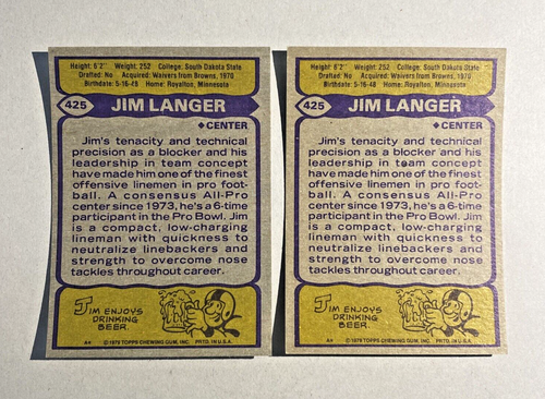 (5) Jim Langer, 1979 Topps, #425, Miami Dolphins Vintage HOF Football Near Mint - Picture 3 of 7