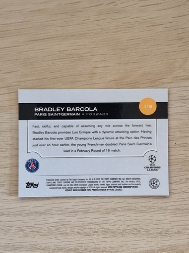 2024/25 Topps Chrome Sapphire UCC - Bradley Barcola 47/50 PSG Future Stars - Picture 2 of 3