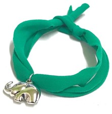 NEW Sterling Silver 925 Baby Elephant Charm Bracelet /Ponytail 1.93g Green Lycra