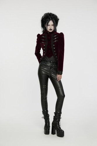 Punk Rave Women Black Red Retro Gothic Punk Lace Appliqued Velvet Short Coat - Picture 24 of 25