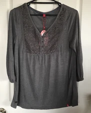 edc by Esprit Womens Top Size L Grey Lace Front 3/4 Sleeves Button Front New W T