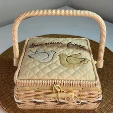 Vintage Handmade “Love Never Faileth” Woven Sewing Basket Box
