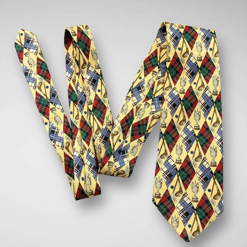 Burberrys Yellow Silk Mens Neck Tie Argyle Diamond Blue Red Plaid Golf Clubs - Imagen 9 de 10