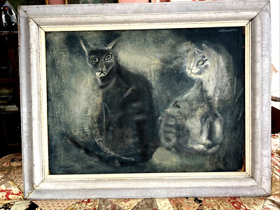 STERLING STRAUSER Listed Pennsylvania Artist PORTRAIT of His 2 CATS OIL PAINTING