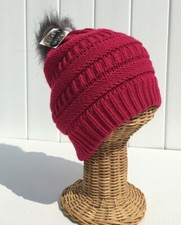 New Women Winter Warm Knit with Faux fur Pom Stretchy Ski Beanie hat Hot Pink G