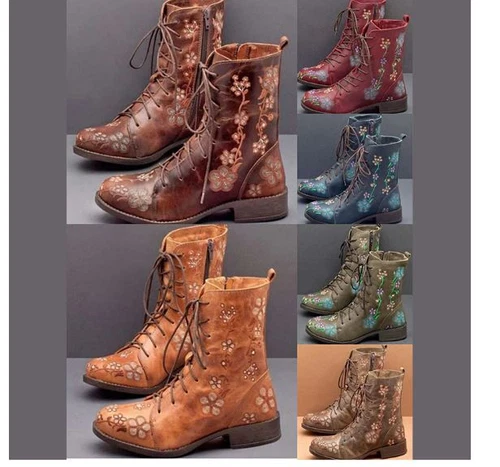 NEW Woman's Fashion Embroidered Flower Vintage Boho Lace Up Ankle Boots/ - Picture 3 of 18