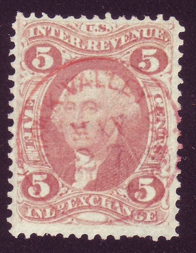 R27c ( 5c Inland Exchange ) - MOHAWK VALLEY BANK ( NY? ) - RED CIRCULAR CANCEL ! - Picture 1 of 2