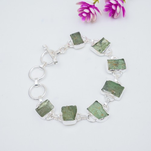 Prehnite Raw Gemstone Chain Bracelet 925 Sterling Silver Handmade Jewelry Gift - Picture 4 of 5