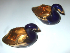 Limoges Swan Salt Dish Cobalt Blue and Gold Pair