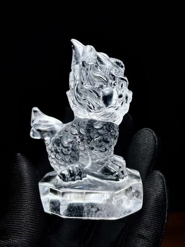 0.5LB Natural Clear Quartz Carved Crystal Kylin Skull A Pair Decorations+stand - Picture 2 of 9