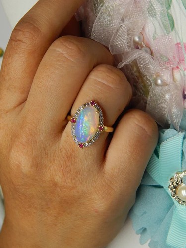 22k Yellow Gold Plated 925 Sterling Silver Natural Opal Oval Cut Engagement Ring - Picture 5 of 7
