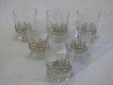 Vtg Set 6 Dusseau Collection Clipper Ship 12 oz Double Old Fashion Glasses r