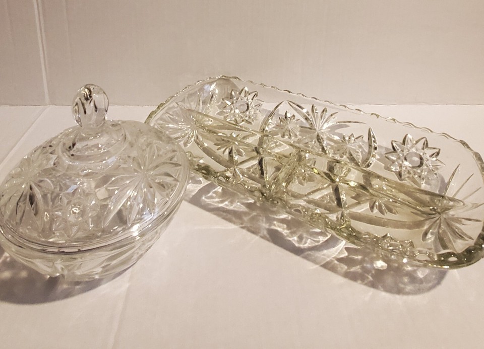 Vintage Hocking Glass Covered Candy Dish & Star Of David Divided Tray 3