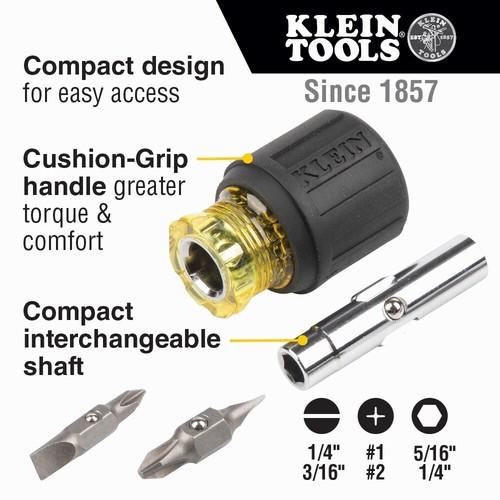 KLEIN Tools A-32561 Multi-Bit Screwdriver Nut Driver 6-in-1 Stubby Ph. Sl. Bits - Picture 2 of 9