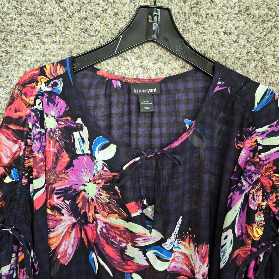 Blusa Lane Bryant Top Mujer Plus 14/16 Azul Marino Transparente Gasa Cuello Corbata Damas Foto 4 de 4