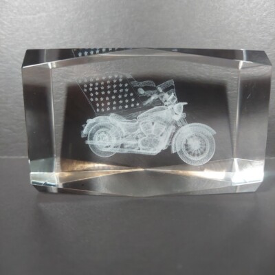Motorcycle w Flag Paperweight 3D Laser Etched Glass Rectangular Prism 3x2x2 Gift