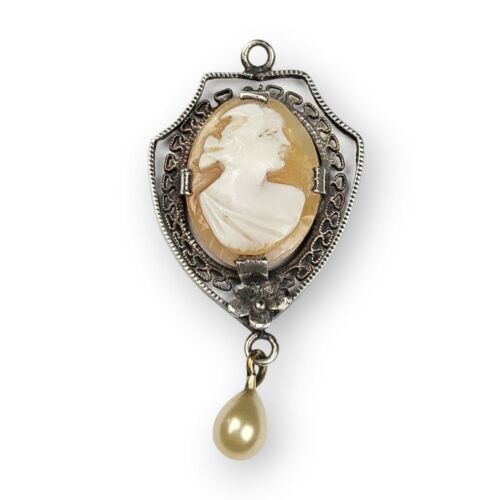 Antique Sterling Cameo Pendant Art Deco Filigree Carved Shell Pearl 925 Silver - Picture 11 of 12