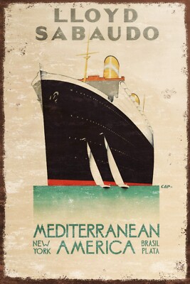 Mittelmeer Kreuzfahrtschiff nach Amerika Vintage Reise Reklame, gealterter Look Blechschild