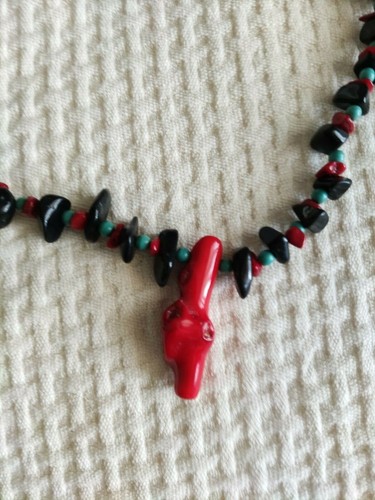 Collana etnica vintage pietre corallo bambù argentato necklace stile anni '70 - Foto 3 di 3