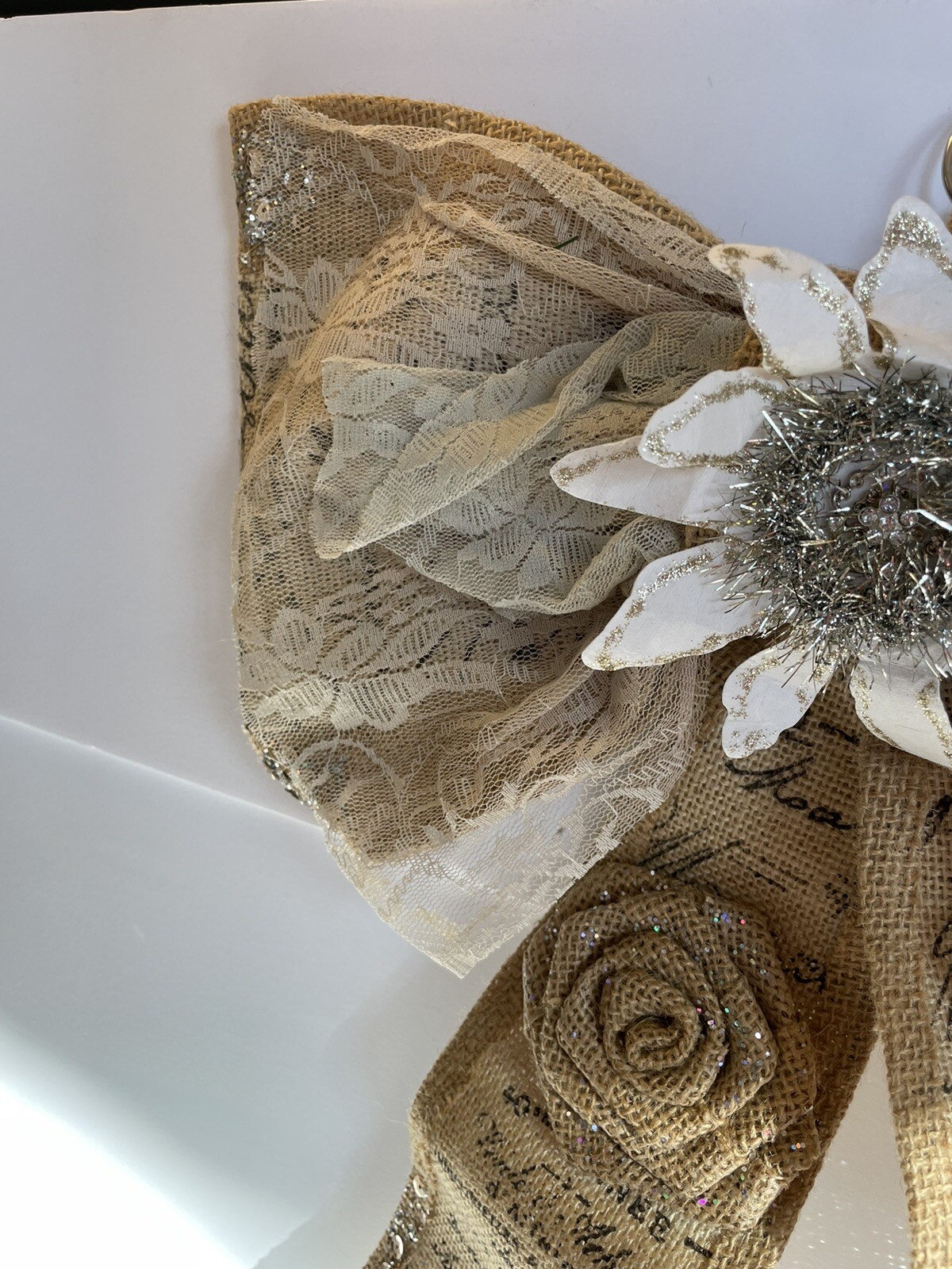 Christmas Bow Door Hanging Or For Gift Wrap Burlap Sequins