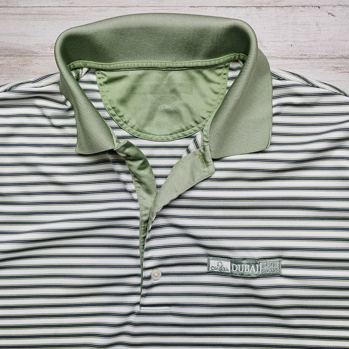 Dubai Desert Classic Performance Polo Golf Shirt Green Striped