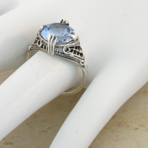 EDWARDIAN STYLE FILIGREE RING 925 STERLING SILVER 5 Ct SIMULATED AQUAMARINE 341Z - Picture 3 of 4