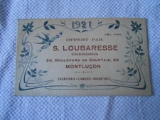 OLD CALENDAR LOUBARESSE BLOUSE MONTLUCON 1921 HOSIERY