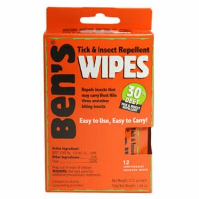 Ben's Tick & Insect Repellent 30% Deet Camping Survival Wipes - 12 Per Package
