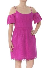 KENSIE Womens Purple Lace Short Sleeve Square Neck Above The Knee A-Line Dress S