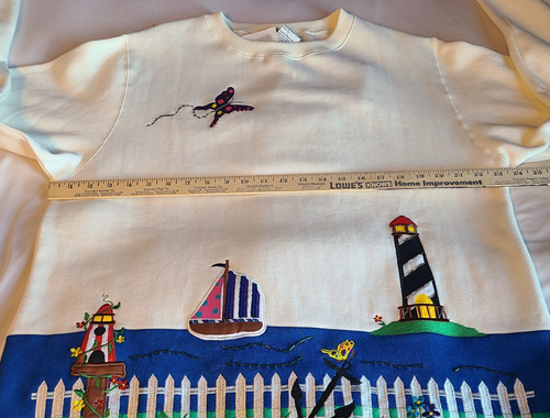 Quacker Factory Cape Lighthouse Beach Sailboat Sweatshirt Embroidered Sz L NWT - Picture 11 of 15