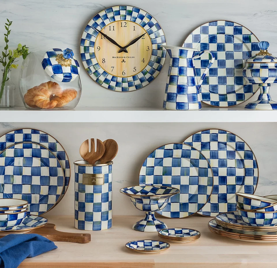 Tarro de galletas con tapa esmaltada, tarro grande de vidrio Royal Check azul y blanco Foto 2 de 3