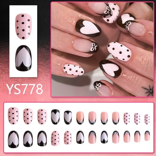 Pack of 24 Short Round Faux Nail Featuring Heart Dots Bows Pattern Shimmering - Picture 4 of 8